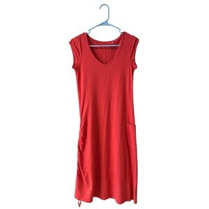 Toad&Co Muse Midi Dress XS Organic Cotton Ruched Pocket Summer Casual Red Orange
